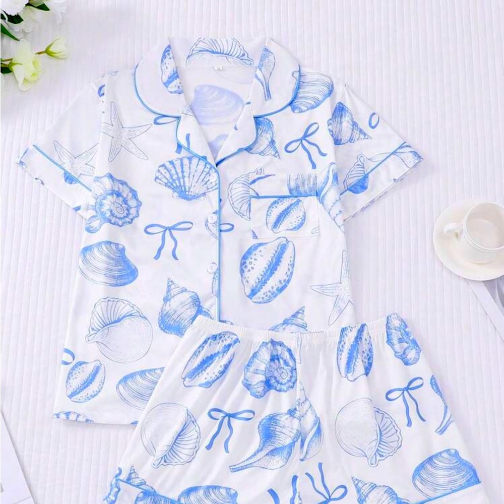 Seashell Print Kids Pajama Set - Blue